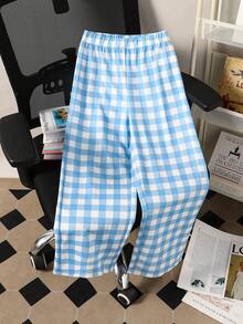 1pc Tween Girls Fashionable Simple Plaid Pattern Loose Wide-Leg Pants, Spring/Summer - Blue and White - View 2