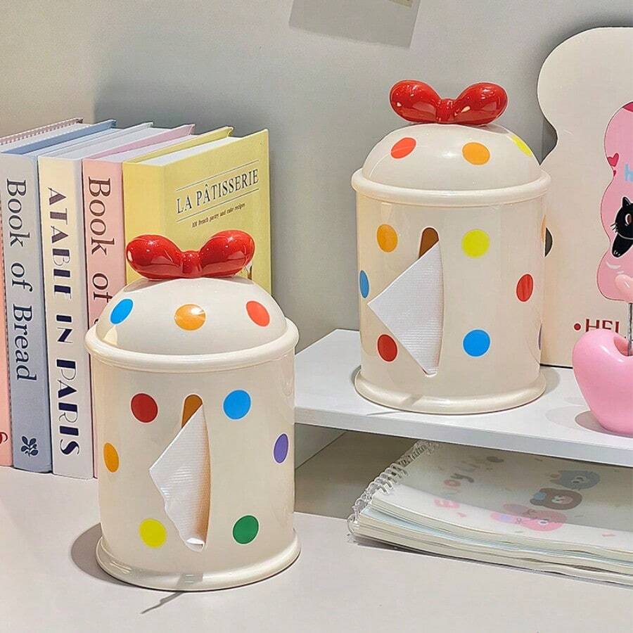 1PC Cute Bow Polka Dot Tissue Box Holder, Round Plastic Multifunctional Dispenser For Living Room And Dining Table Decor, Modern Home Accessory, Dining Table Accessory | Decorative Tissue Box | Plastic Construction, Tissue Box Holder