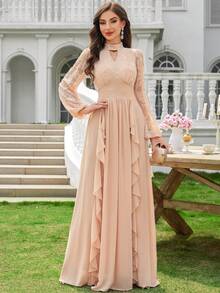 MIUSOL Robe longue de soirée formelle ajustée avec encolure ajourée en dentelle, manches lanternes et ourlet à volants, élégante robe de soirée pour femmes, convient pour les fêtes formelles, les cérémonies de remise de diplômes - Champagne - Voir 5