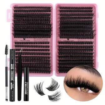 DIY Eyelash Extension Kit, Lash Variety Book 80D+100D+120D+150D Mixed Fluffy Thick Lash Clusters (8mm-16mm), Includes Lash Adhesive, Lash Brush, Tweezers, And Makeup Remover. Professional Cosmetic Set For Charming DIY Eyelashes At Home