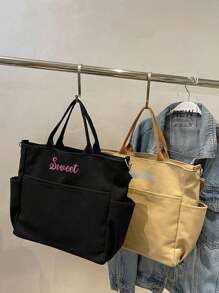1pc Personalized Women's Canvas Tote Bag, Fashionable Versatile Work/Commute Shoulder Bag, Portable Lightweight Organizer Bag, College Style Large Capacity Student Book Handbag, Multifunctional Embroidered Letter Tote, Suitable For Daily Use, Can Be Given As Gifts To Family, Friends, Mothers, As Personalized Gifts For Mother's Day, Valentine's Day, Nurse's Day, Teacher's Day, Christmas Birthday, Etc.,School Supplies,Back To School,School Gift,For Office,For School,For Classroom,For Teacher Gifts,For University,For Colleague,For Dorm Rooms,For Teacher,For Boys And Girls,For Teenagers,Junior High School Students,Middle School Students,High School Senior High School Students,College Students,University Students,Freshman,Sophomore,Underclassmen