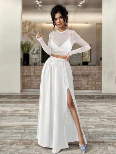 Conjunto Crop Top con Mangas Transparentes y Falda Larga con Abertura en Pierna para Mujer
