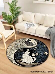1pc Tai Chi Style Carpet, Black Cat And White Cat Pattern Large Carpet, Circular Floor Mat, Patterned Carpet, Area Carpet, Anti Slip Mat, Living Room Carpet, Bedroom Carpet, Entrance Carpet
