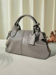 时尚优雅大容量油蜡皮手提包，便捷纯色仿皮单肩包，链条斜挎包，拉链防盗包，双提手通勤包，可调节肩带方包，腋下包，收纳包，专业女士公文包，盒形包，适合晚宴、约会、度假、商务旅行/通勤/工作/办公、日常使用，圣诞节冬季圣诞礼物 - 灰色 - 查看 2