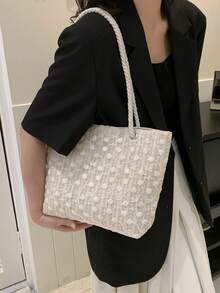 1 件通勤包草编包单肩包沙滩包便携式拉链闭合设计适合婚礼派对、节日、假日活动、娱乐、下午茶、海边度假约会等场合，时尚草编材质适合女性、女孩、母亲、女朋友、朋友、伴娘、学生、老师、母亲的礼物等日常使用，感恩的完美礼物，海边玩耍收纳袋 - 白色 - 查看 3