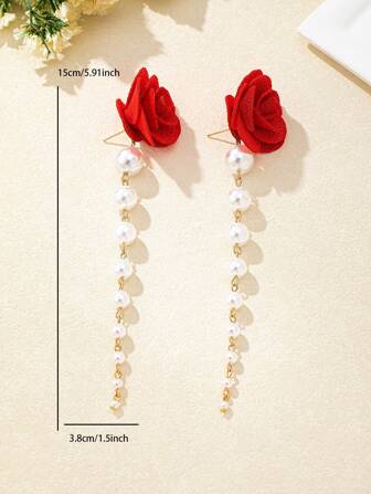 1 par överdrivna örhängen med röda blommor och tofsar för kvinnor, lämpliga för fest och vardagsbruk
