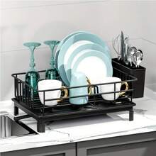 Escurridor de platos, escurreplatos para encimera de cocina, escurridor de gran capacidad con soporte para cubiertos, organizador de cocina para platos, cucharas y tenedores, color negro