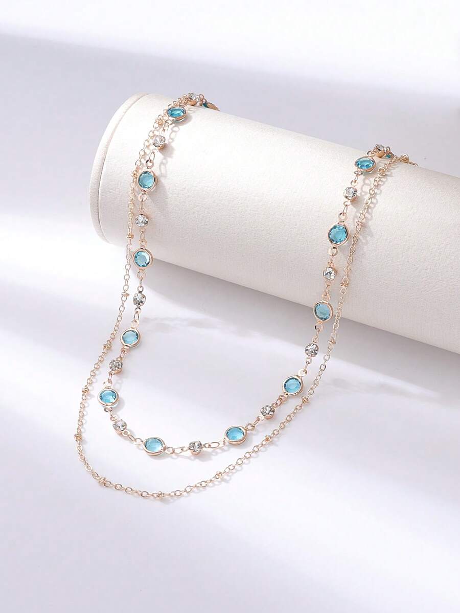 1pc Minimalist Fashion Personalized Glass Multi-Layer Women Necklace - Golden Lake Blue Diamond - View 1