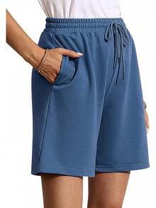 Quenteen Women's Sweat Shorts Bermuda Long Shorts Athletic Casual Loose Cotton Shorts (Available In Plus Size)A Valentine's Day 46QM - Xanh lam2 - Xem 1