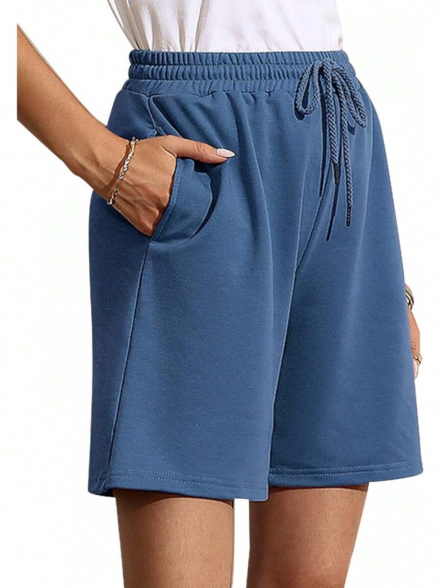 Quenteen Women's Sweat Shorts Bermuda Long Shorts Athletic Casual Loose Cotton Shorts (Available In Plus Size)A Valentine's Day 46QM - Xanh lam2 - Xem 1