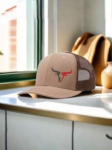 1pc Men's Patchwork Ox Print Adjustable Baseball Cap, Breathable Mesh Outdoor Riding Fishing Sun Protection Hat
