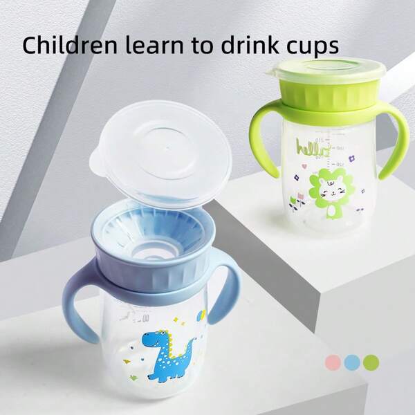 Vaso de aprendizaje para bebé/niño pequeño de 1 a 3 años con diseño de dibujos animados, rotación de 360 grados, con doble asa, tapa abatible a prueba de fugas, libre de bisfenol A, material PP, capacidad 4.1 Oz (116.62g), multicolor