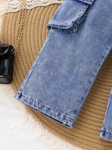 2 piezas Conjunto de niña elegante y de moda en denim, suave, transpirable y cómodo, con decoración de moño en top de tirantes sólido y pantalones clásicos de mezclilla azul, apto para vacaciones, fiestas, uso casual y diario