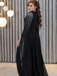 Elegant Women Sparkly Rhinestone Extra-Long Sleeve Dress Party - Black - View 2