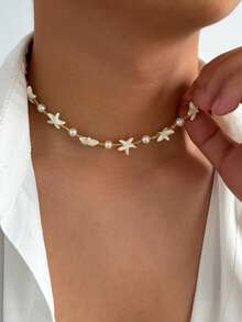 1pc Bohemian Style Starfish & Pearl Necklace, Retro Fashion Beaded Necklace For Men