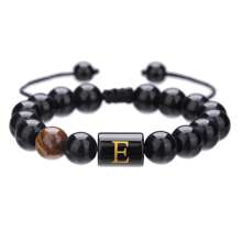 1pc Natural Black Agate 26 Letter Beaded Adjustable Braided Bracelet, Suitable For Various Occasions Like Festivals, Sports, Casual, Business Wear