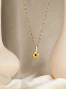 1 peça de colar de luxo em aço inoxidável banhado a ouro 18K com pingente de sol, sol, pedra branca incrustada, olho de tigre, hipoalergênico, adequado para namoradas, uso diário, deslocamento, atividades ao ar livre