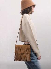 Bolso de hombro cruzado con flecos retro y distintivo, bolso cruzado vintage con flecos, bolso de hombro versátil para mujer, bolso cuadrado con flecos de estilo bohemio para uso diario y como regalo de festival