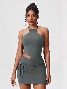 MASKERT Mono deportivo para mujer, conjunto de fitness, falda de tenis, mono colgante de cuello, mono de running fitness, mono de cintura expuesta, conjunto de yoga de alta elasticidad, casual en casa, cómodo y amigable con la piel - Neblina azul - Ver 4