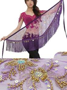 Cinturón de baile del vientre estilo árabe: Faja de cadera con bordados y flecos dorados, adornada con adornos con lentejuelas para actuaciones y fiestas de carnaval - Multicolor - Ver 7