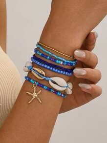 7pcs/Set Women Beach Vacation Seashell Starfish & Rice Bead Bracelets Boho Style Bangles