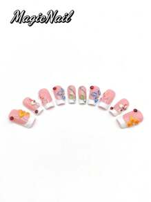 10 Pieces Of Pure Hand-Pressed Wearable Nails, Press On Nails,25mm-Length Nail Pieces, Flesh-Colored White Contrasting, Multiple Hand-Pinched Raised Petals To Draw A Variety Of Different Styles Of Flowers, Yellow, Green, Pink, Blue, Etc., Raised Green Leaf Shape, Multiple Raised Ladybug Shape, Beetle.