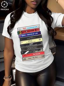 Women's 90s Music Cassette Tribute Graphic 220g 100% Cotton T-Shirt - 白色 - 查看 1