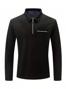 Men's Long-Sleeved Polo Shirt In A Solid Color, Casual And Comfortable, With A Chest Pocket And Zip Fastening, Suitable For Outdoor Wear In Spring And Autumn, Golf, Daily And Casual Wear. - Black - View 2