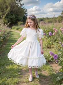Vestido de princesa de satén blanco de manga corta con parches, adecuado para fiesta, para niñas jóvenes - Blanco - Ver 10