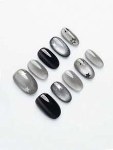 10件纯手工美甲，椭圆形美甲，黑色和银色猫眼设计美甲，星星图案甜美风格美甲，优雅简约的四季美甲，简约美甲，派对约会美甲，可拆卸可重复使用，日常美甲。按压式美甲，美甲用品，美甲