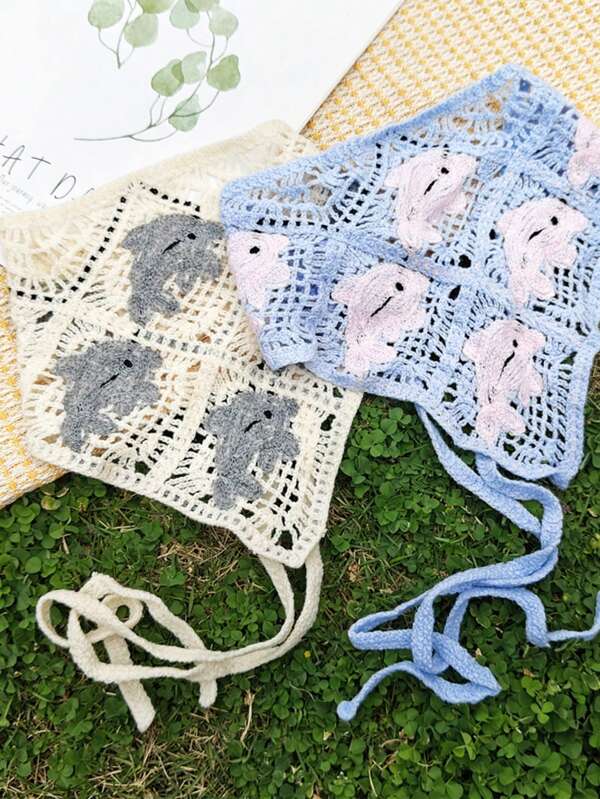 1pc Women Bandana Knit Hollow-Out Hairband, Crochet Head Scarf Cute Triangle Scarf, Sweet Pastoral Style Knitted Dolphin Hair Wrap, Spring/Summer