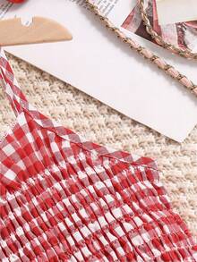 Girls Ruffle Hem Plaid Spaghetti Strap Casual Dress, Fashionable Summer Sleeveless A-Line Dress For Teenagers - Red and White - View 5