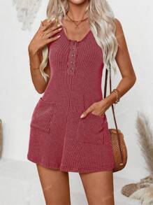 Monos de verano para mujer de unicolor, sin mangas, acanalados, informales, con bolsillos