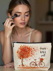 1pc Autumn Pumpkin Maple Leaf Tree Alphabet Linen Print Cosmetic Bag, Cute Travel Makeup Case And Multi-Function Coin Purse, Lightweight Gift Essential For Women