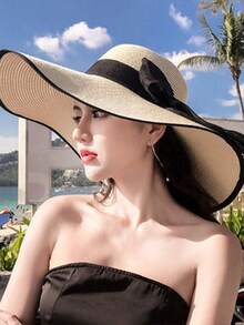 女士可折叠宽边帽，夏季防晒沙滩旅行草帽 - 米色 - 查看 10