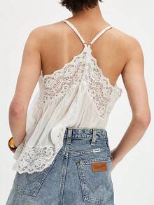 Women Tie Up Lace Trim Cami Tops Semi Sheer Crop Tops Y2k Girls Cute Summer Camisole Shirt Going Out Tops - 白色 - 查看 2