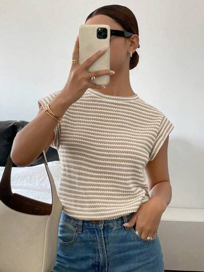 Summer Street Colorblock Tee Sleeveless Crochet Knit Tops Casual T-Shirt