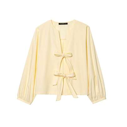 MUMRAP 女士时尚甜美宽松系带 V 领衬衫休闲长袖衬衫