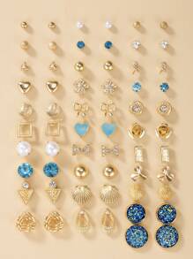 Set de 30 pares de Aretes tipo Pendiente de Perlas Falsas de Metal con diseños versátiles de conchas, lazos, flores, estrellas, corazones, redondos y geométricos, adecuados como regalo para mujeres y uso diario