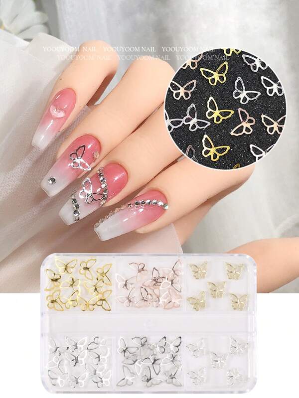 50 Sets Of Alloy Butterfly Nail Accessories, 6 Butterflies, 3D Metal Nail Products, DIY Nail Art Nail Gems Suitable For Wholesale By Female Nail Salon Manufacturers