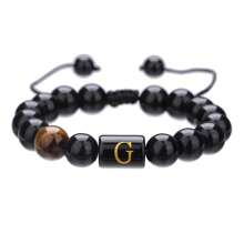 1pc Natural Black Agate 26 Letter Beaded Adjustable Braided Bracelet, Suitable For Various Occasions Like Festivals, Sports, Casual, Business Wear