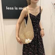 Torba Hollow Out Weave w stylu boho, torebka plażowa, torba typu tote o dużej pojemności, torba plażowa w stylu Slouchy, zakupy, damska, codzienna torba plażowa o dużej pojemności, torba typu tote z szydełkowanym kwiatem, modne torebki typu tote, torba podróżna na zewnątrz