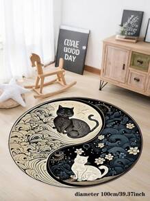 1pc Tai Chi Style Carpet, Black Cat And White Cat Pattern Large Carpet, Circular Floor Mat, Patterned Carpet, Area Carpet, Anti Slip Mat, Living Room Carpet, Bedroom Carpet, Entrance Carpet