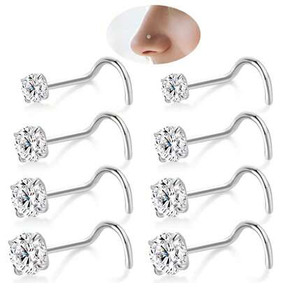 Näsringstift: 8 st 20G guld/silver 316L kirurgiskt rostfritt stål nässtift hypoallergen korkskruv näspiercing stift smycken för kvinnor klar kubisk zirkonia imitation strass toppstorlek 1.5mm 2mm 2.5mm 3mm
