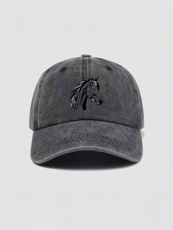 1PC Adjustable Vintage Washed Baseball Cap With Black Horse Print - , Sun Protection, Polyester Design, Perfect For Outdoor Sports & Equestrian Enthusiasts, Available In 6 Colors (Black, White, Beige, Dark Gray, Light Blue, Pink), Equestrian Accessory | Versatile Cap | Adjustable Fit Cap, Horse Caps