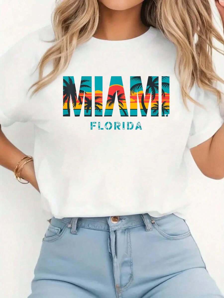 Miami Florida Sunset – Vintage Palm Tree Beach Vibes T-Shirt Print T-Shirt Casual Crew Neck Short Sleeve Comfort Tee Top For Spring & Summer Women's Clothing - 白色 - 查看 1