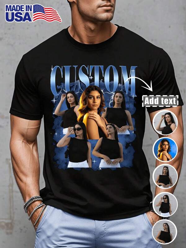 1pc Customized Men's Personalized Loose Fit T-Shirt - Made Of 180gsm Pure Cotton, (Choose The Desired Image) Add Your Own Text Or Your Photo To Design Your Personalized Printed T-Shirt, Custom Valentine's Day Couple T-Shirt (Can Customize Family Photo/Selfie/Pet Photo/Friend Photo/Team Party, Couple Matching, Workwear) 180gsm Pure Cotton