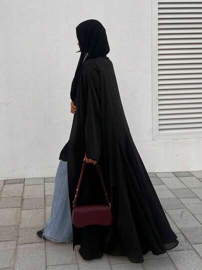 1pc Women's Satin Style Dress. This Elegant Dress Also Comes In A Long Abaya Version, Suitable For Daily Wear And Special Occasions. Black Spring