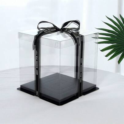 1 个黑色透明生日蛋糕盒，派对礼品盒 1 层、2 层、3 层烘焙蛋糕包装盒，包含 1 个约 3 码黑色字母丝带