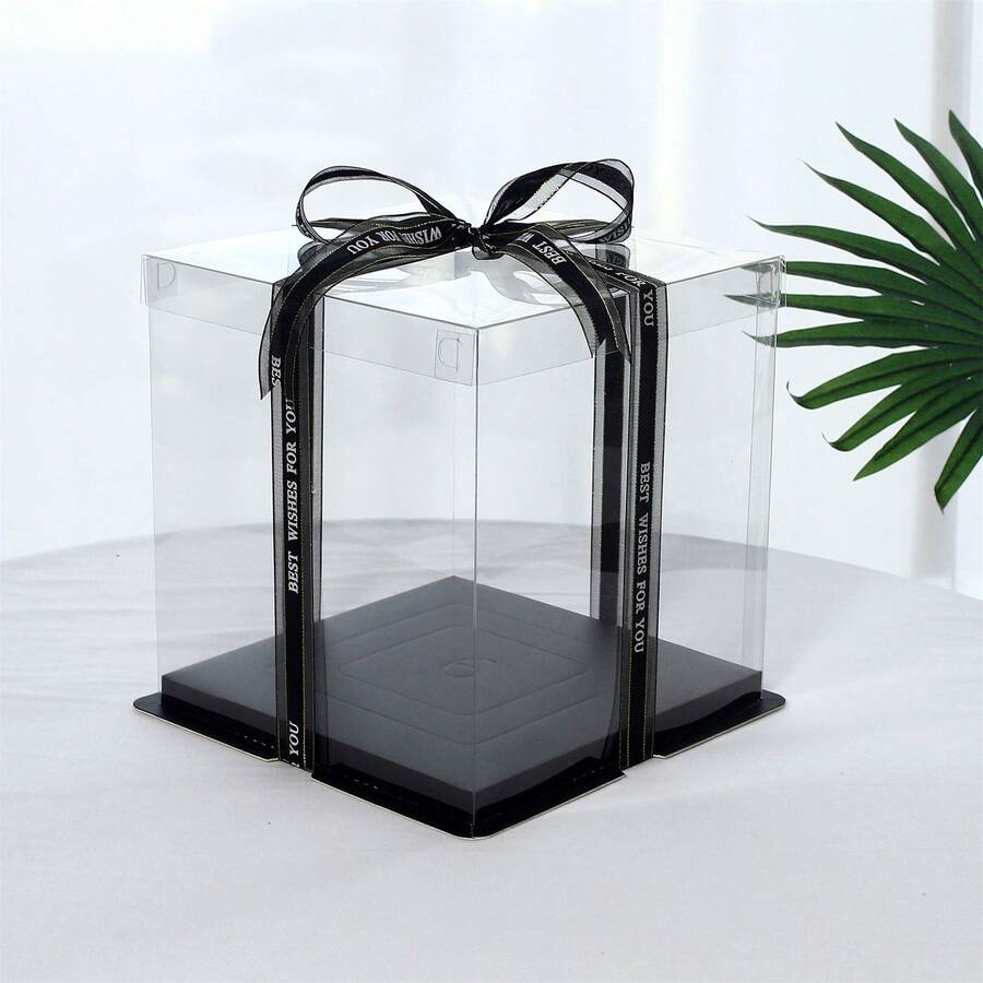 1 个黑色透明生日蛋糕盒，派对礼品盒 1 层、2 层、3 层烘焙蛋糕包装盒，包含 1 个约 3 码黑色字母丝带 - 黑色 - 查看 1